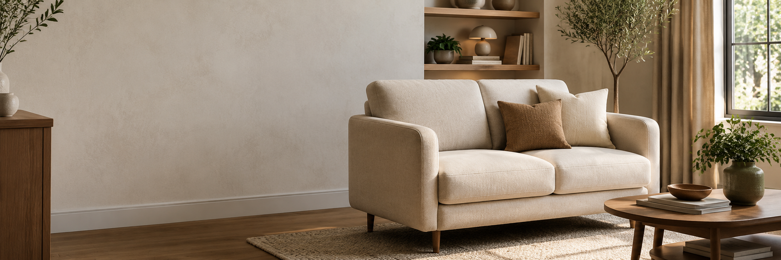 Compact loveseat in a warm modern small-space living room