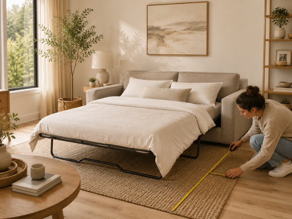 Woman measuring the open footprint of a convertible sleeper sofa
