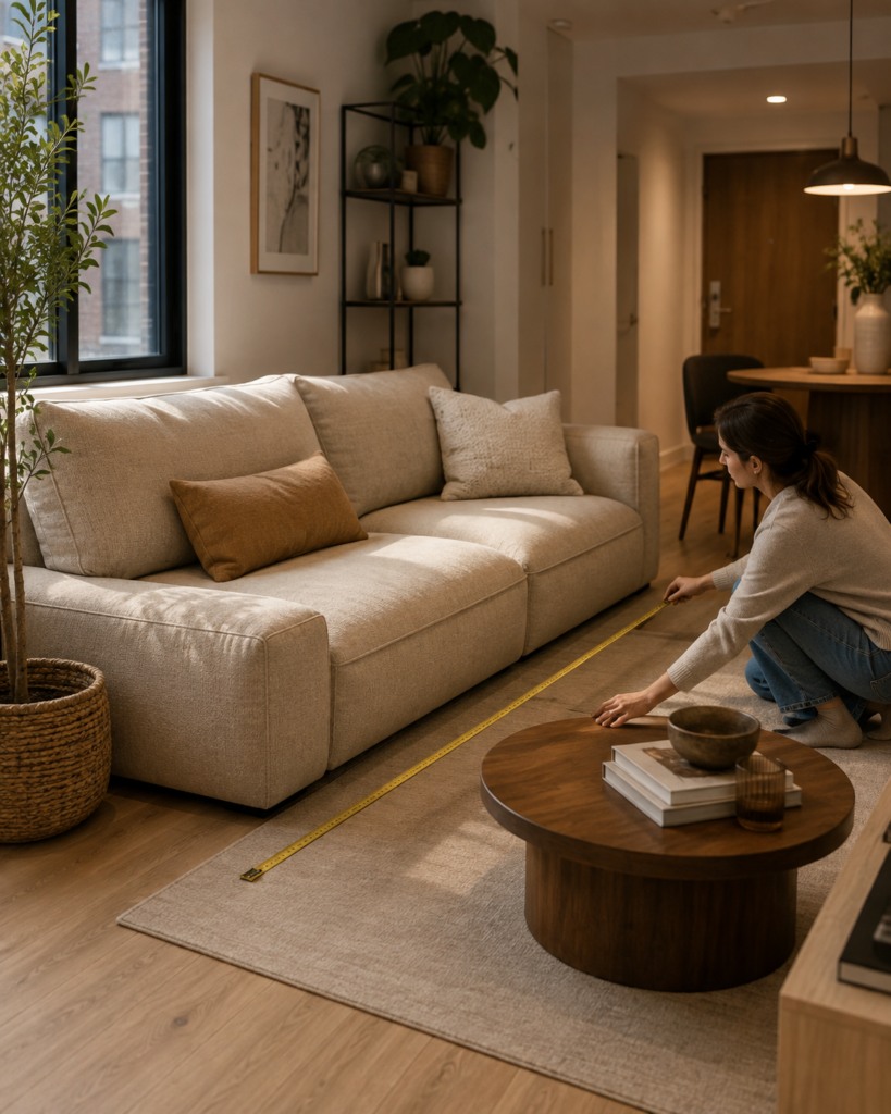 Woman measuring a compact living room beside a cream sofa