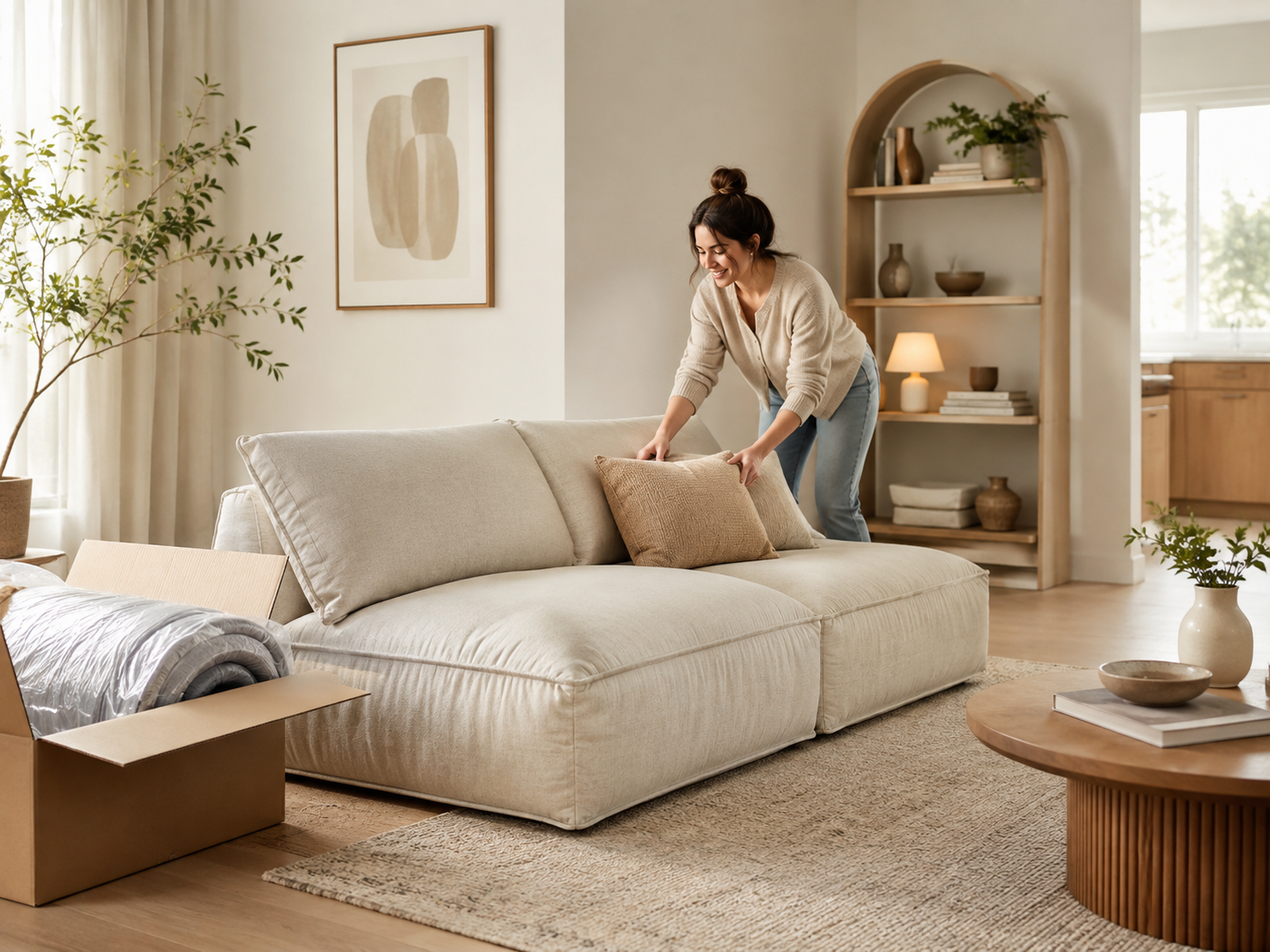 Easy-delivery furniture in a modern living room Woman setting up a cream sofa in a modern living room