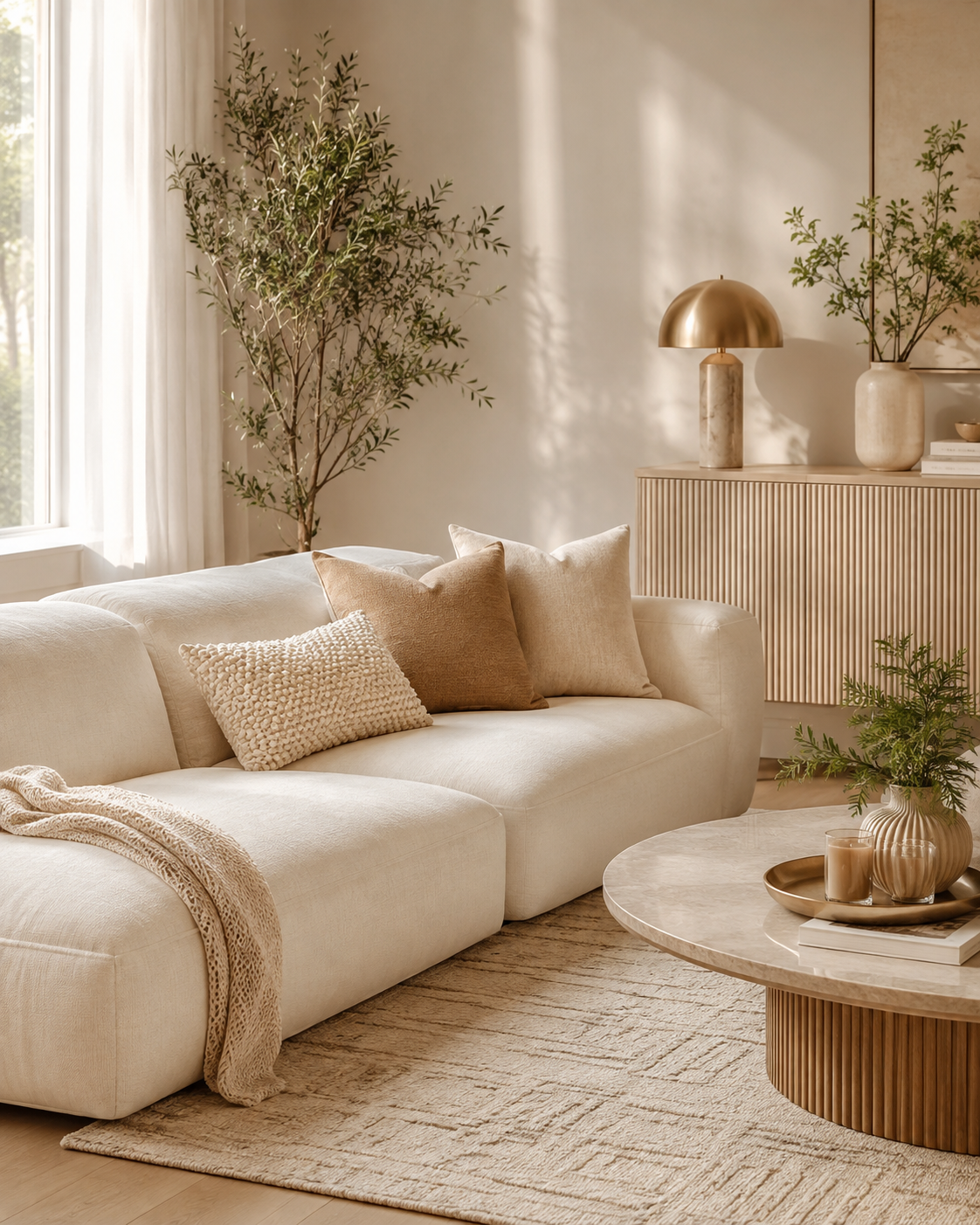 Warm modern living room with cream sofa Cream sofa in a warm modern living room