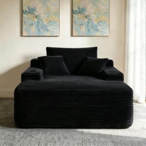 Black convertible corduroy chaise sleeper chair front view