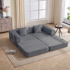 78-inch convertible modular sofa bed in gray corduroy