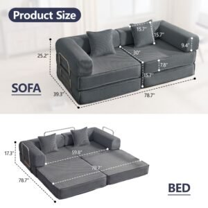 78-inch convertible modular sofa bed in gray corduroy