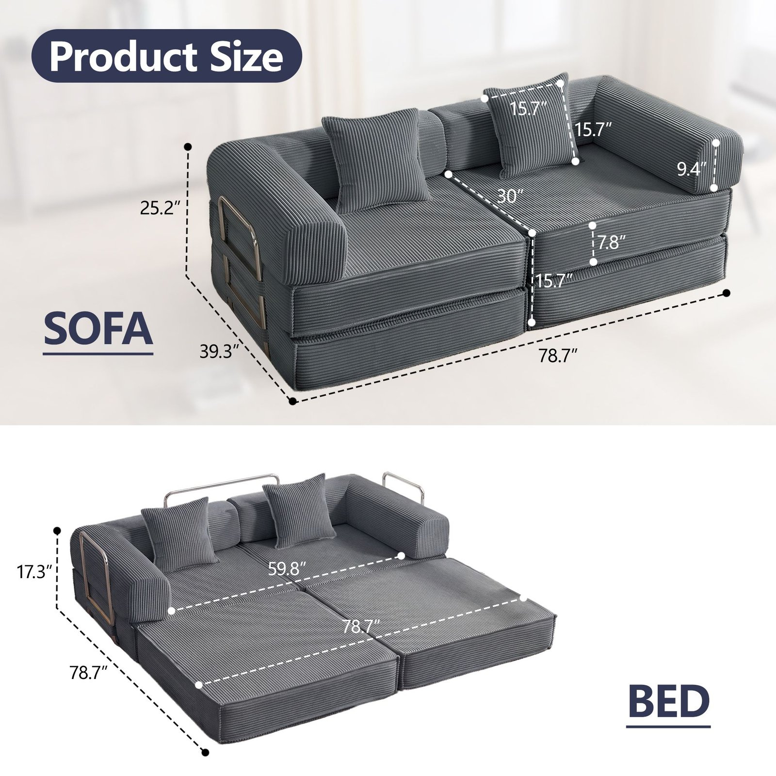 d01027rzz1x 3 78-inch convertible modular sofa bed in gray corduroy