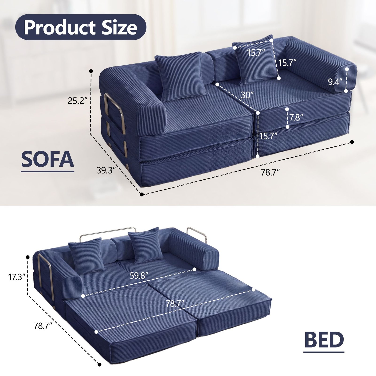 d01027rzzbj 78-inch convertible modular sofa bed in navy corduroy