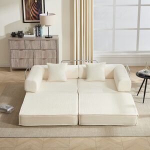78-inch convertible modular sofa bed in beige corduroy