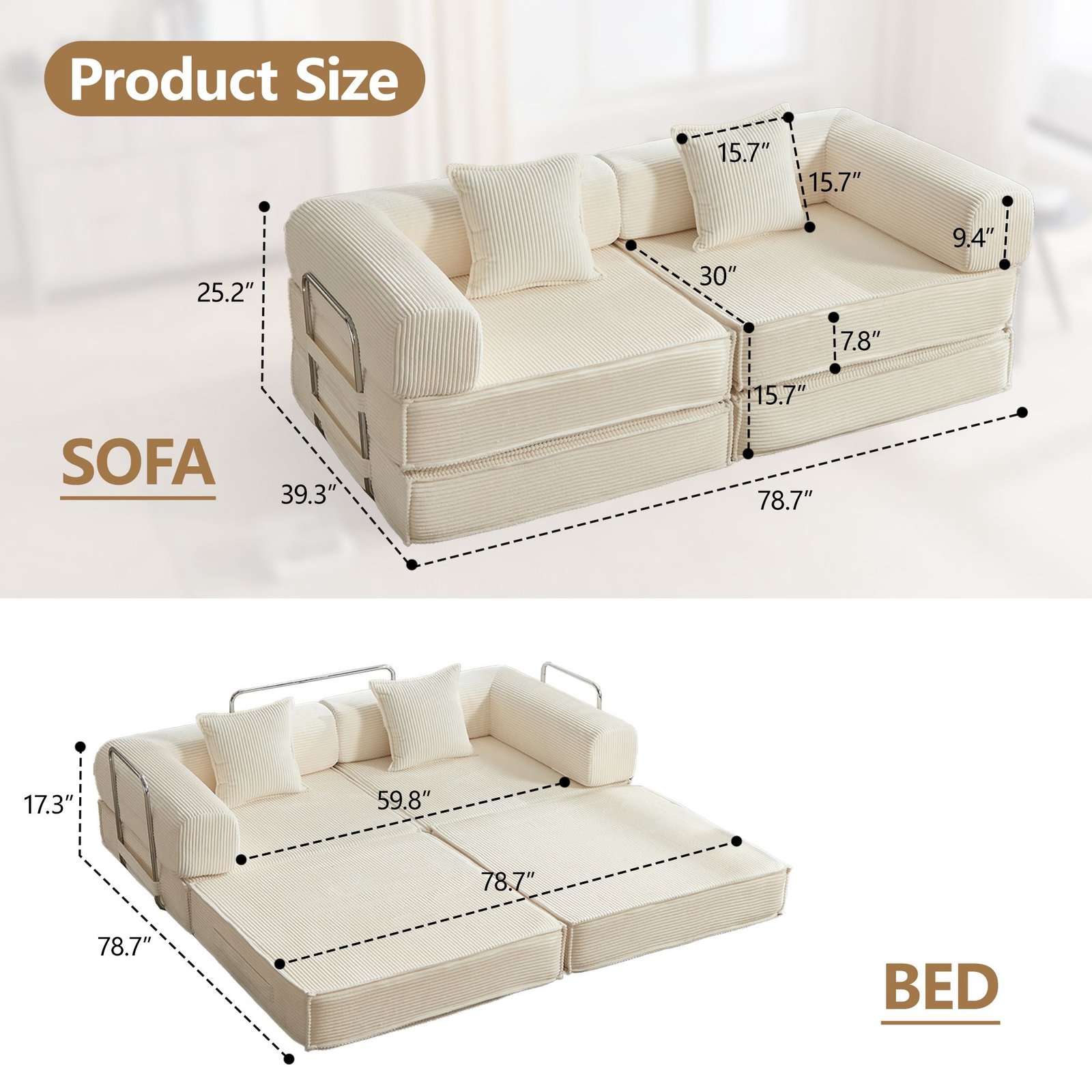 d01027rzzv8 5 78-inch convertible modular sofa bed in beige corduroy