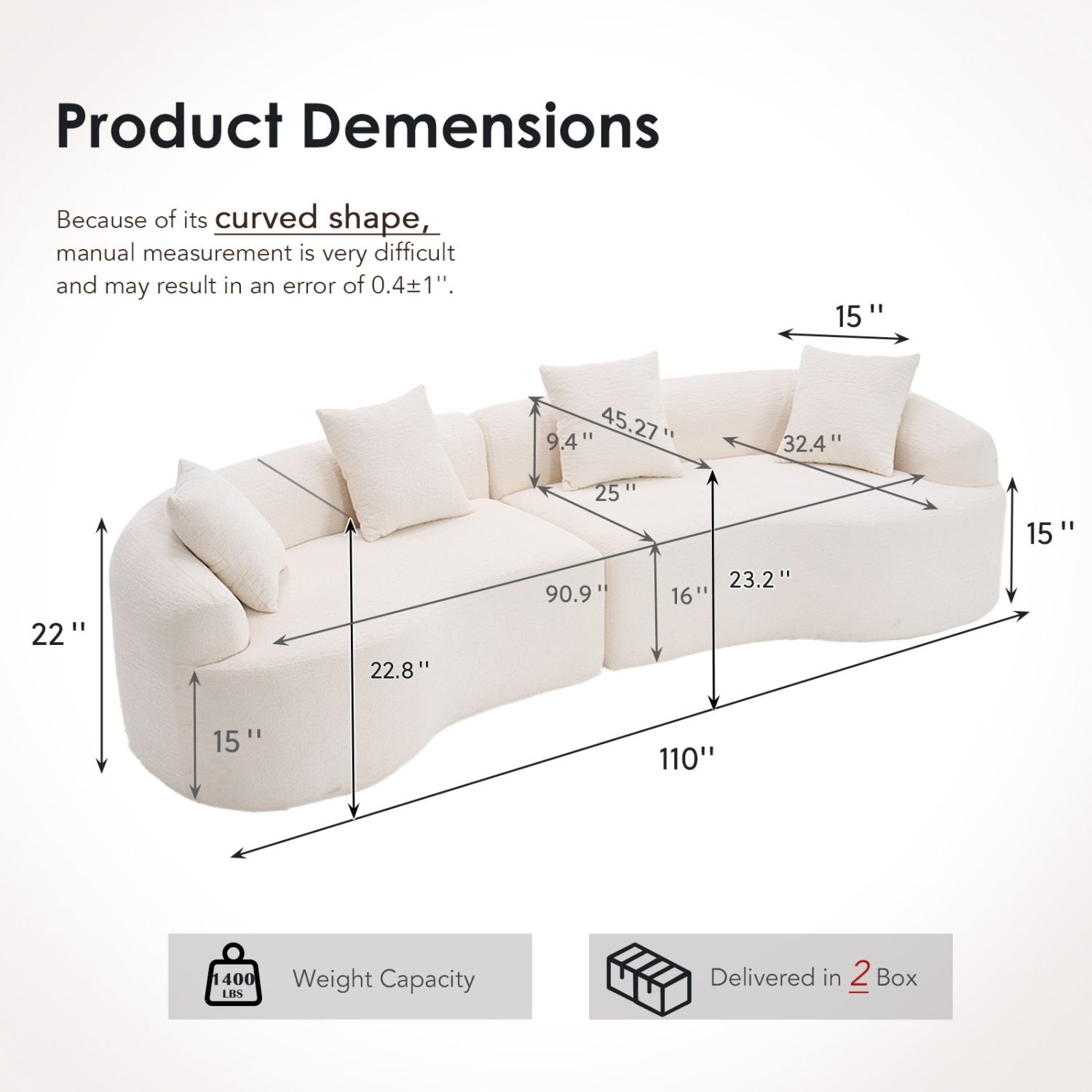 110 inch curved boneless modular sofa — white chenille 110 inch curved boneless modular sofa — white chenille