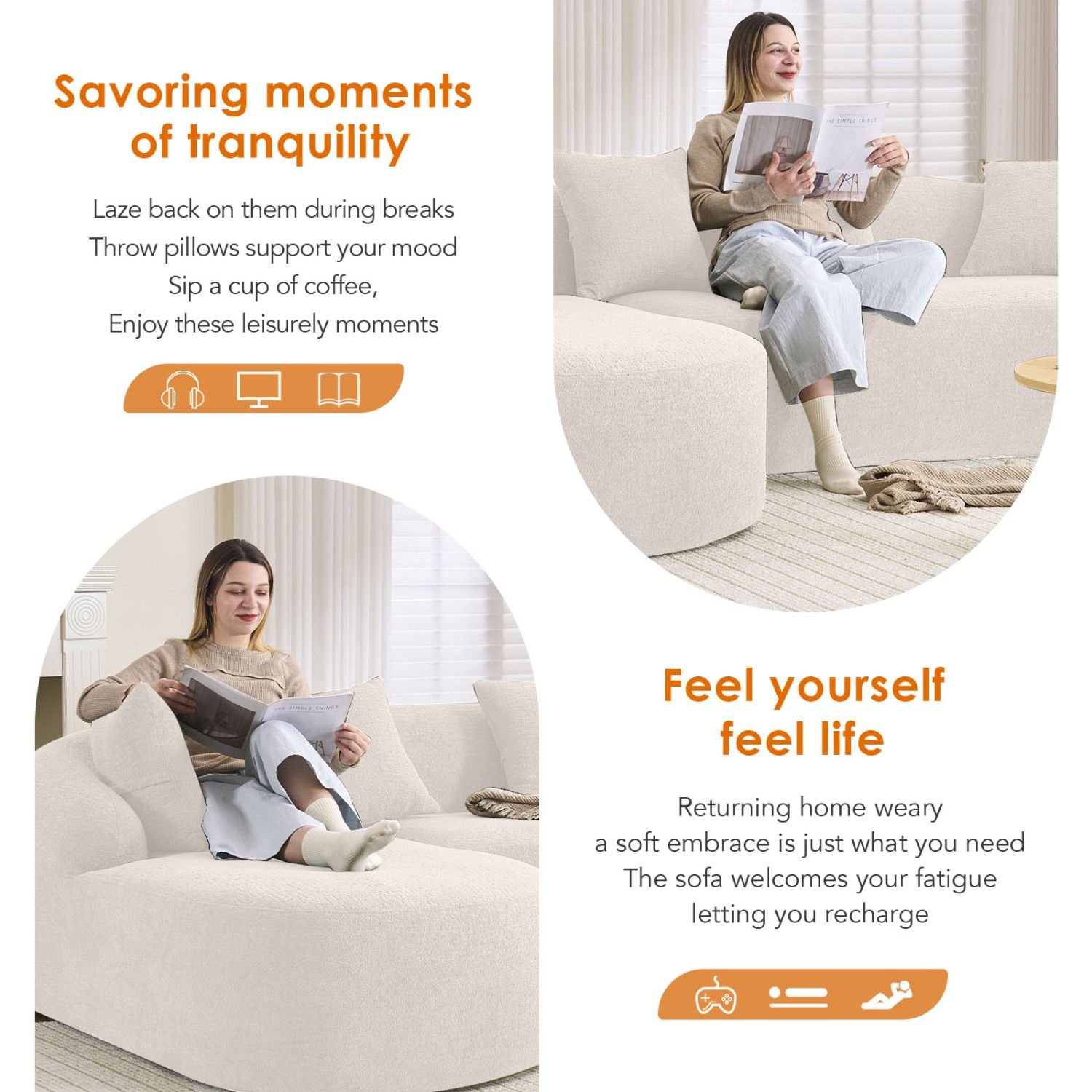 Boneless L-Shape Chenille Sectional Detail White boneless L-shape chenille sectional detail view