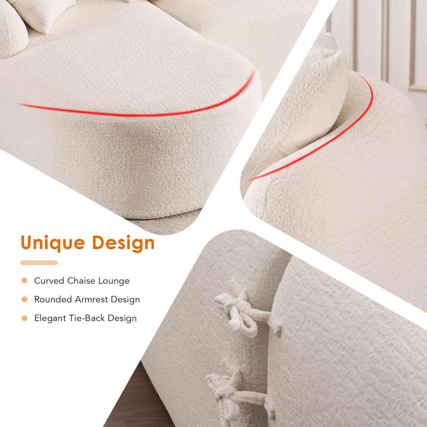 Boneless L-Shape Chenille Sectional Material Detail White chenille upholstery detail on boneless sectional sofa