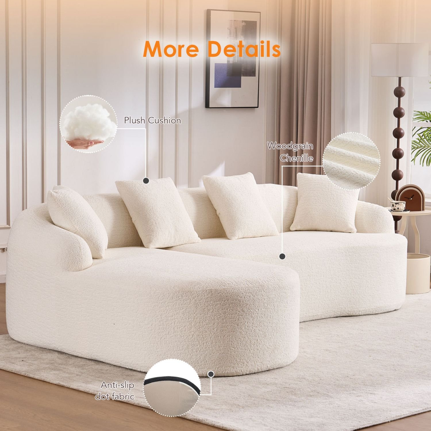 Boneless L-Shape Chenille Sectional Lifestyle View White boneless L-shape chenille sectional sofa lifestyle view