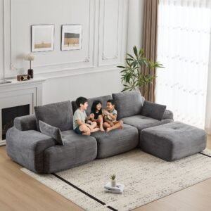 Gray 119-inch modular corduroy compressed sectional lifestyle view