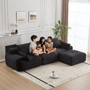 Black 119-inch modular corduroy compressed sectional lifestyle view