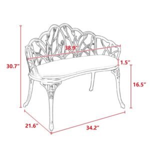 Cast aluminum garden bench dimensions 34.2 inches wide by 21.6 inches deep by 30.7 inches high