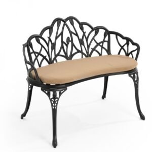 Black cast aluminum garden bench with floral backrest and beige cushion
