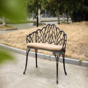 Black cast aluminum garden bench three-quarter outdoor view