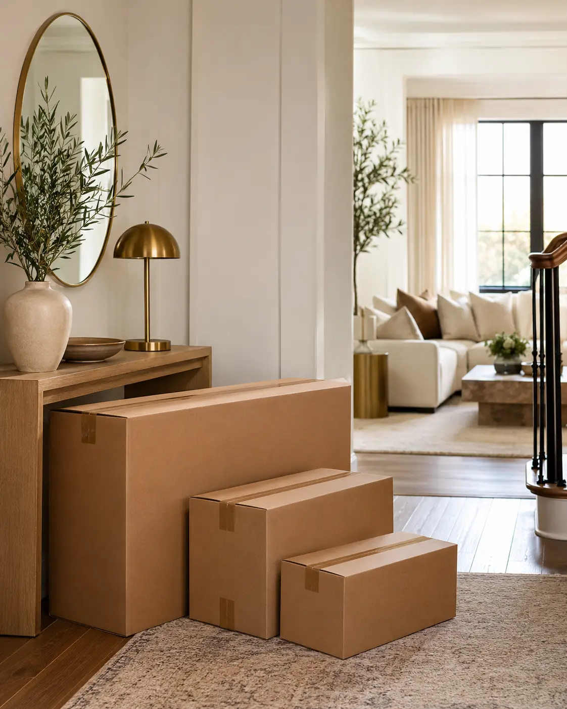 Three furniture delivery boxes of different sizes in a bright home entryway.