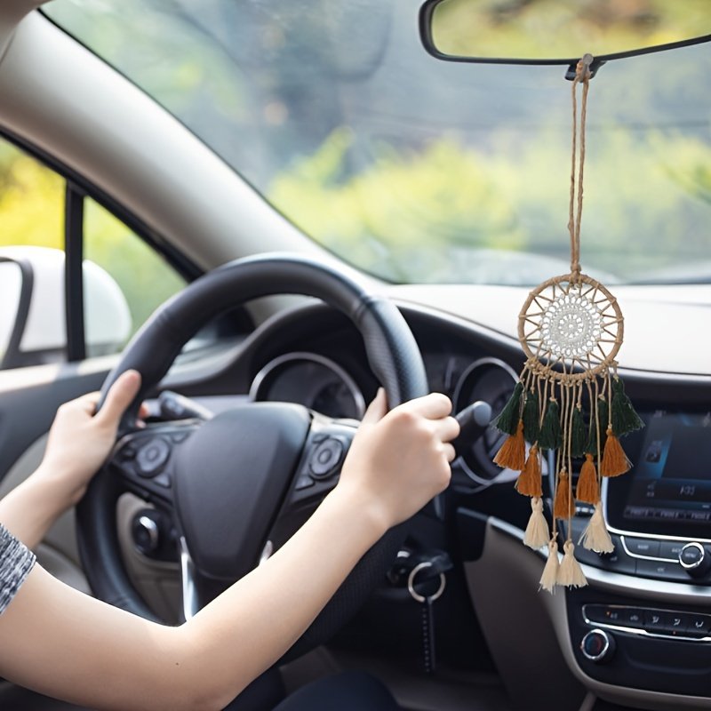 bohemian tricolor mini dream catcher hanging décor Mini tricolor dream catcher displayed in a car interior