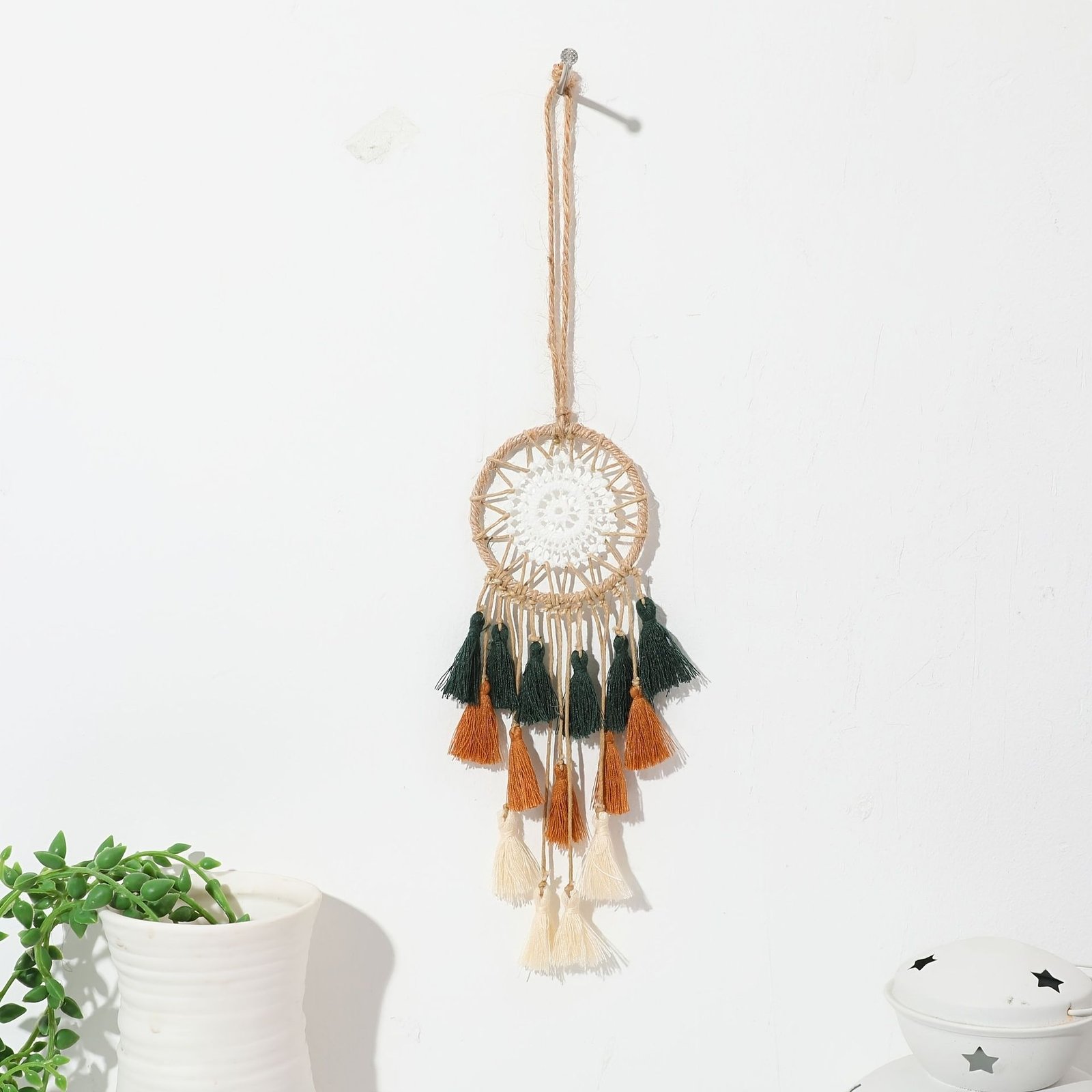 bohemian tricolor mini dream catcher hanging décor Mini tricolor dream catcher hanging on a light wall