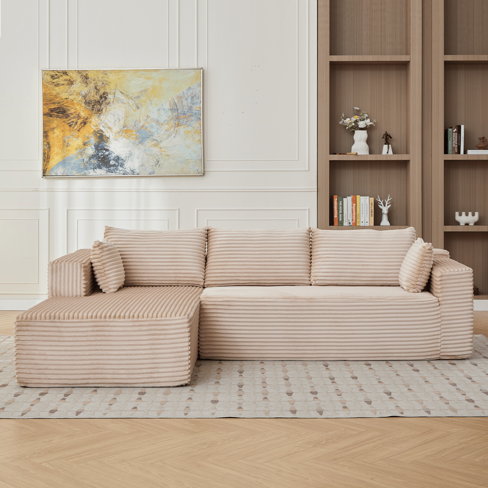 Beige Corduroy Modular Sectional with Chaise Compressed boneless modular sectional with chaise in beige corduroy