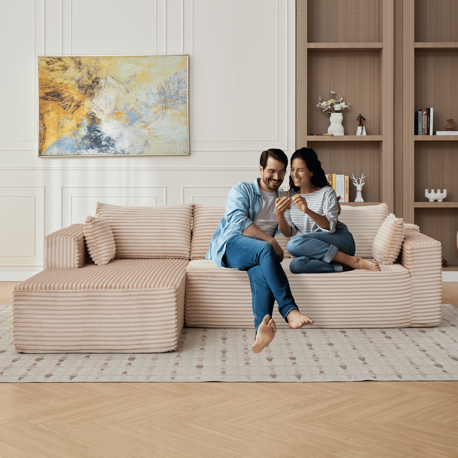 Beige Modular Sectional Lifestyle View Beige corduroy modular sectional with chaise in a living room
