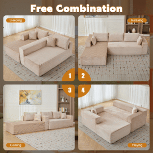 Beige modular sectional shown in multiple lounging and sleeping arrangements