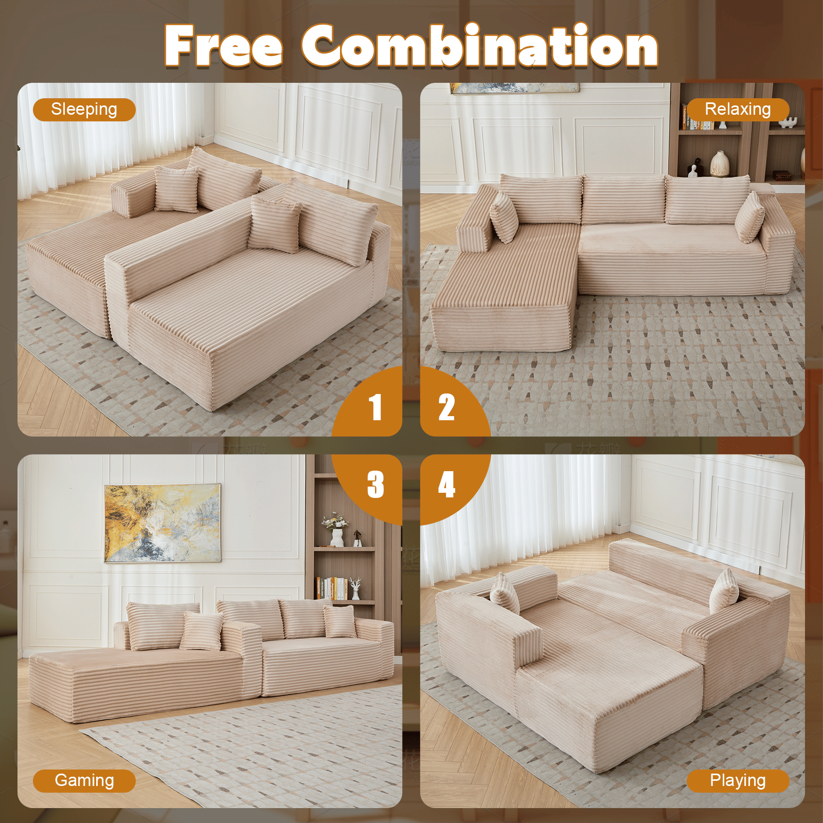 Beige Modular Sectional Flexible Arrangements Beige modular sectional shown in multiple lounging and sleeping arrangements