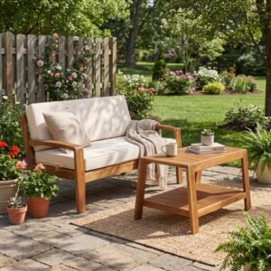 Acacia wood outdoor loveseat and coffee table set in garden setting