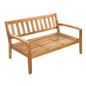 Acacia wood outdoor loveseat frame with slatted seat and back