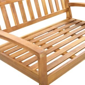 Close-up of teak-tone acacia wood loveseat frame and slatted seat
