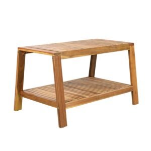 Acacia wood outdoor coffee table with slatted top and lower shelf