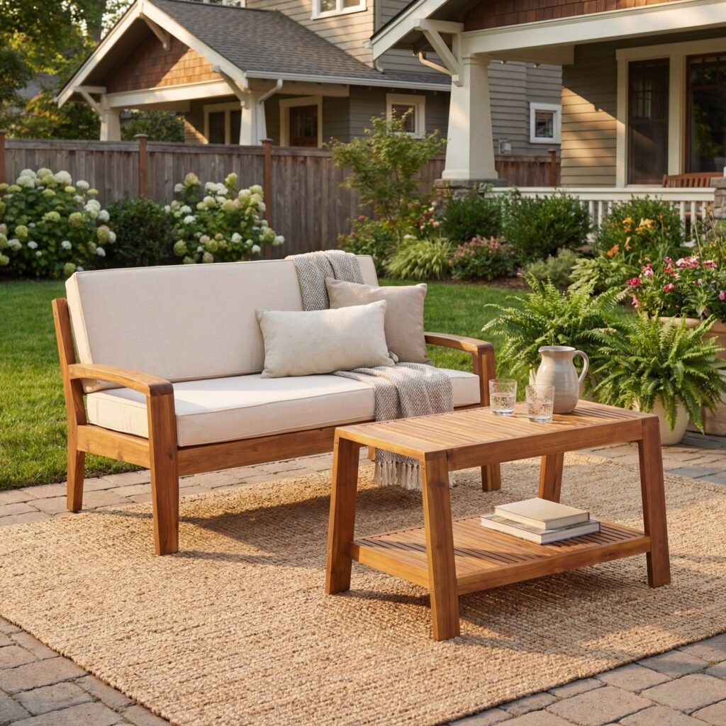 2-piece acacia wood patio set with beige cushioned loveseat and coffee table