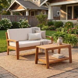 2-piece acacia wood patio set with beige cushioned loveseat and coffee table