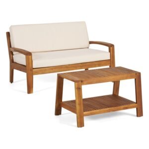Beige cushioned acacia wood loveseat with matching two-tier coffee table