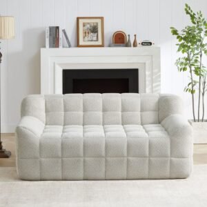 Front view of beige compressed modular sofa in a living room