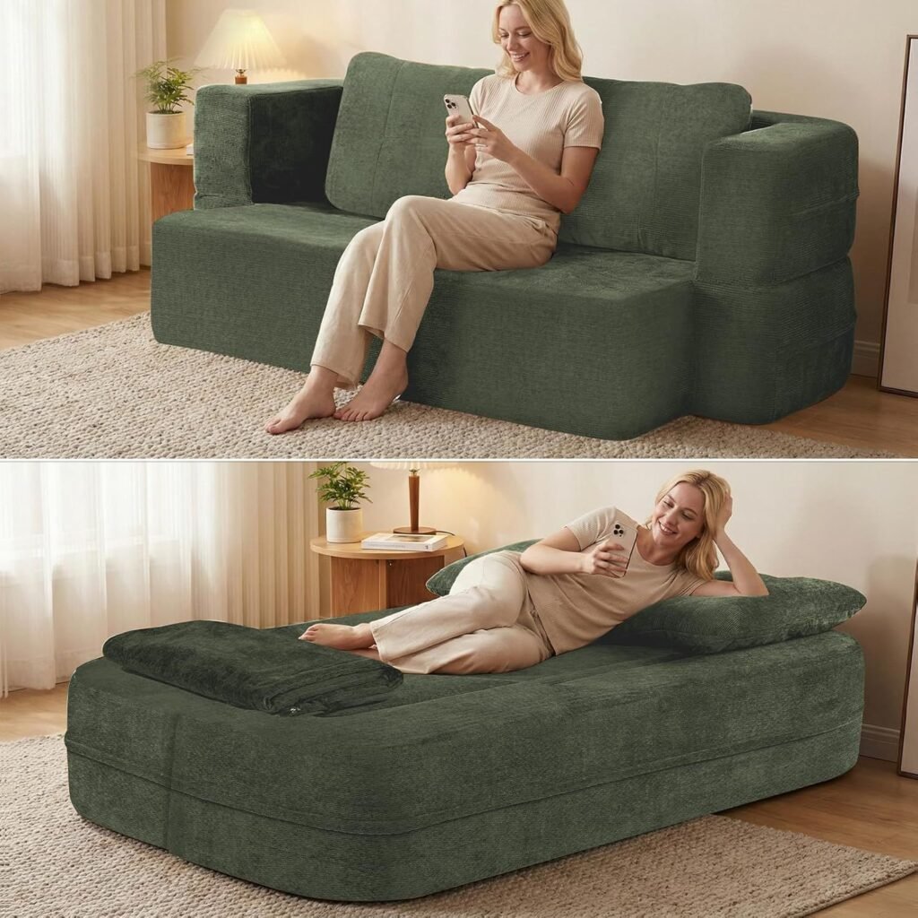 Green boneless convertible sofa bed in sofa configuration