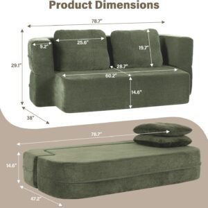 Green boneless convertible sofa bed with blanket and pillows in living room