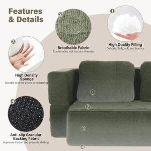 Green boneless convertible sofa bed with two pillows