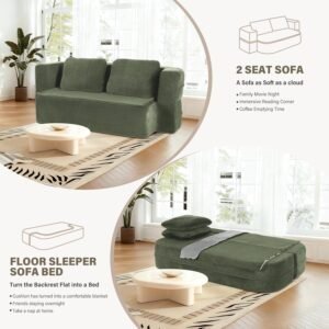 Green convertible floor sofa shown in sofa and sleeping configurations