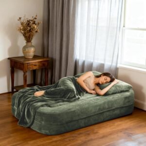 Dimensions of green boneless convertible sofa bed in sofa and sleeping positions